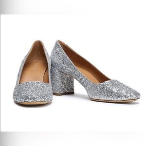 Mansur Gavriel Silver Glitter Square Toe Heel